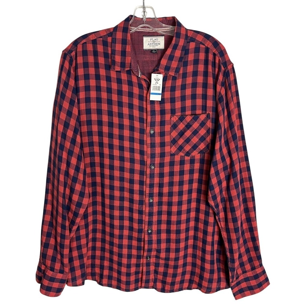 Flag & Anthem New Long Sleeve Button Up Shirt‎ Red Blue Plaid Men's XL Cotton